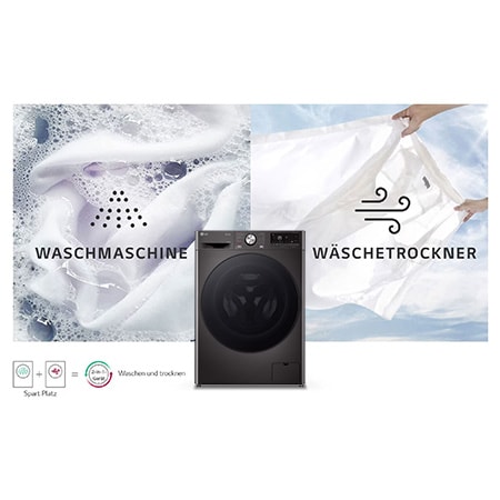 Der schwarze LG Waschtrockner W4WR7096YB (9kg Waschen/6kg Trocknen), der sein 2-in-1-Design in einem einzigen Gerät zeigt, mit Energieeffizienzklasse D.
