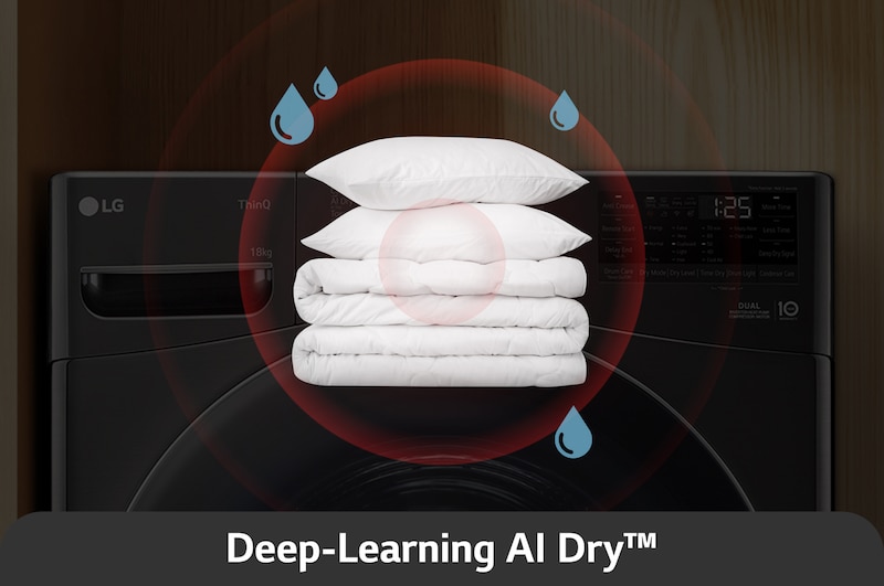 Der LG 18 kg Trockner RT18VT mit Deep-Learning AI Dry™-Technologie, die Sensoren zur Feuchtigkeitserkennung für optimale Trocknung nutzt, mit Energieeffizienzklasse D.
