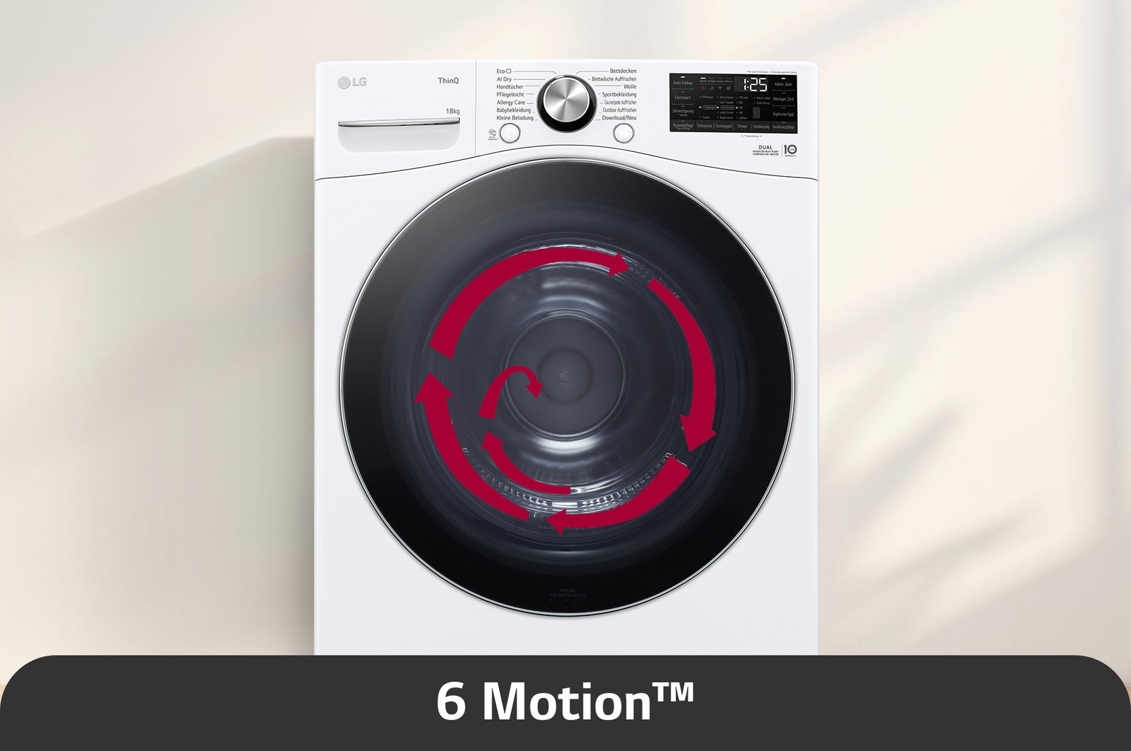 Der weiße LG 18 kg Trockner RT18VT mit 6 Motion™-Technologie, die verschiedene Trommelbewegungen für eine schonende und effektive Stoffpflege nutzt, mit Energieeffizienzklasse D.