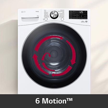 Der weiße LG 18 kg Trockner RT18VT mit 6 Motion™-Technologie, die verschiedene Trommelbewegungen für eine schonende und effektive Stoffpflege nutzt, mit Energieeffizienzklasse D.