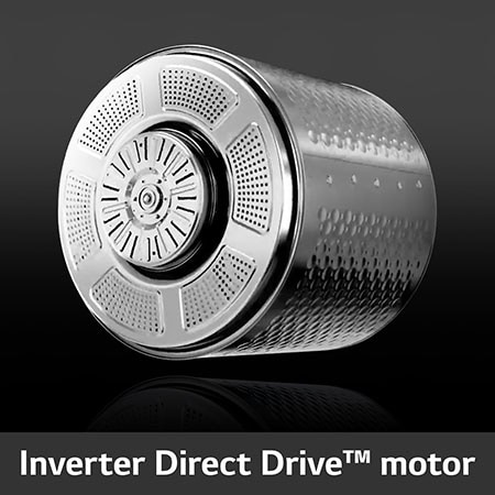 Die langlebige Edelstahltrommel des LG Trockners RT18VT, angetrieben von einem leisen und effizienten Inverter Direct Drive™ Motor, mit Energieeffizienzklasse D.