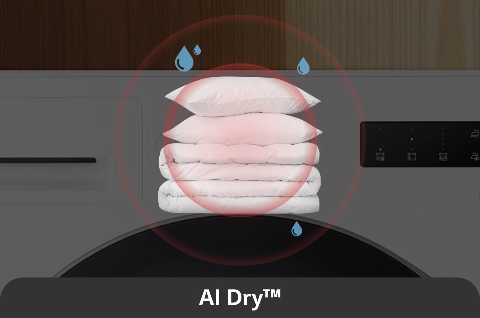 Die AI Dry™-Funktion des LG Trockners RT90X8C, die zeigt, wie Sensoren die Gewebefeuchtigkeit für optimales Trocknen erkennen, mit Energieeffizienzklasse B.