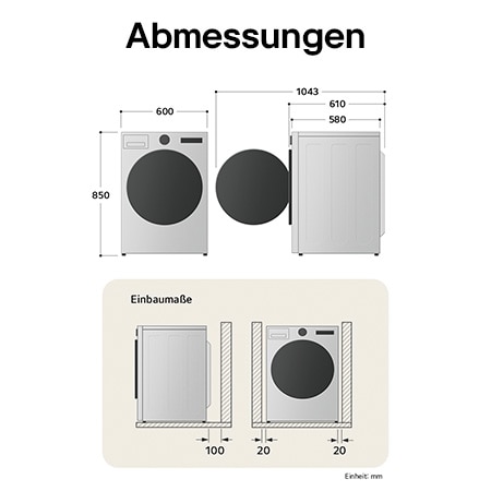 Technische Zeichnung des LG Trockners: B 600, H 850, T 580 mm (Tür offen 1043 mm), inkl. Installationsabstände.