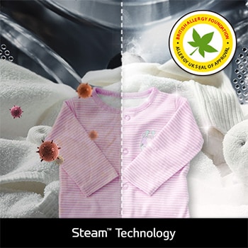 LG Trockner RT90V9B zeigt Steam™ Technologie: Visualisierung der Dampffunktion zur Entfernung von 99,9% der Allergene, zertifiziert durch die British Allergy Foundation.