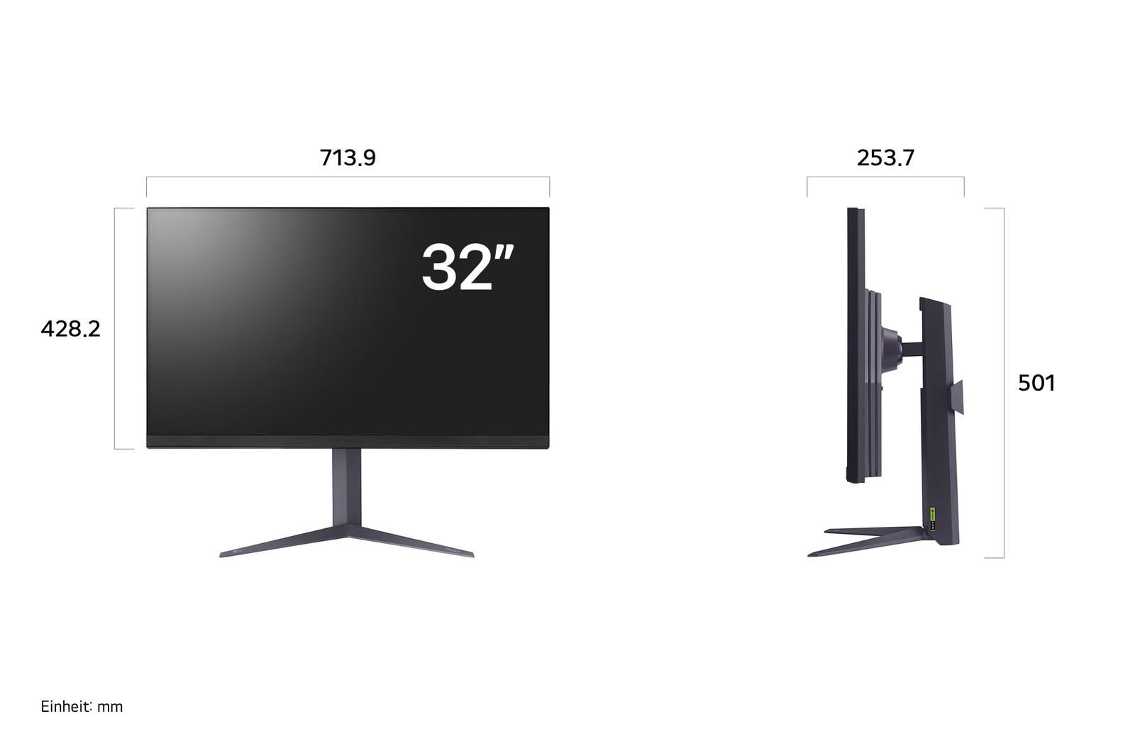 Maßansicht des LG UltraGear Gaming Monitors 32-Zoll mit exakten Abmessungen in mm inklusive Standfuß.