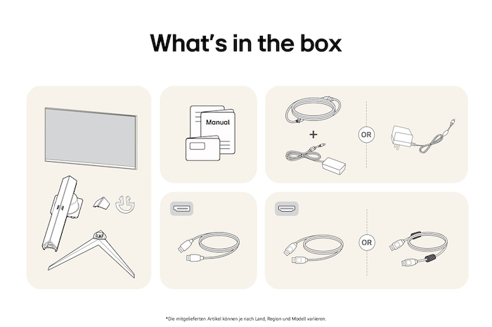 What’s in the Box des LG UltraGear Gaming Monitors 32-Zoll mit Panel, Standfuß, Netzkabel und Benutzerhandbuch. Inhalt kann variieren.