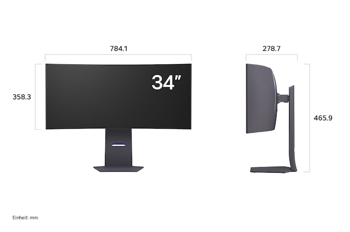 Maßansicht des 34-Zoll Curved Monitors mit Standfuß, Abmessungen in mm für eine präzise Aufstellung.
