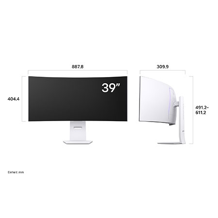 Maßansicht des LG UltraGear 39-Zoll Gaming Monitors mit exakten Abmessungen in mm inklusive Standfuß für präzise Positionierung.