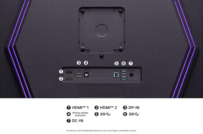 Rückansicht des LG UltraGear 27GS95QX-B mit HDMI-, DisplayPort-, USB- und Audioanschlüssen für flexible Gerätekonfiguration.