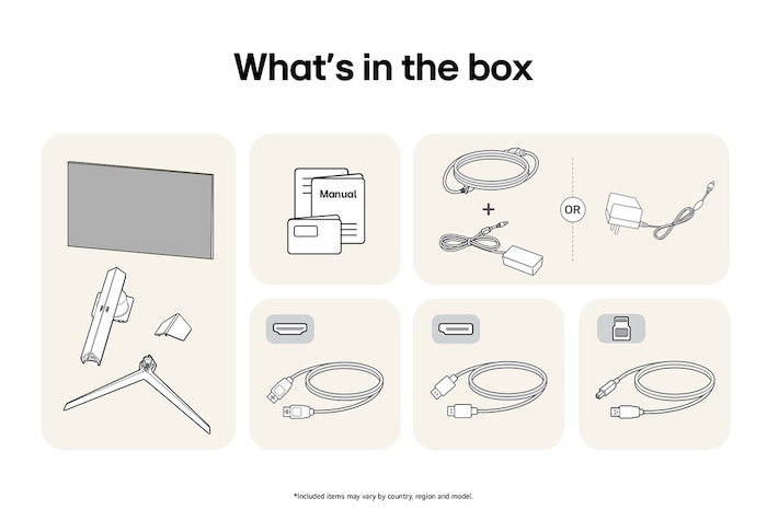 What’s in the Box – LG UltraGear Monitor-Paket enthält Panel, Standfuß, Standhals, Netzkabel und Benutzerhandbuch; Inhalt kann je nach Region variieren.