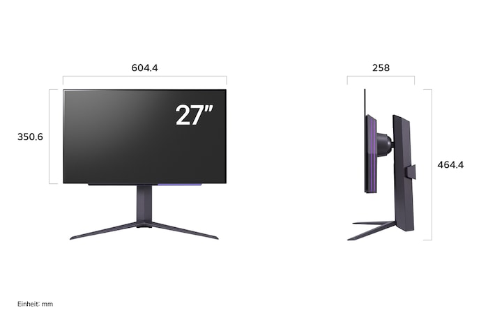 Maßansicht des 27-Zoll LG UltraGear Monitors mit Standfuß, Abmessungen in Millimetern für präzise Platzierung und ergonomische Anpassung.