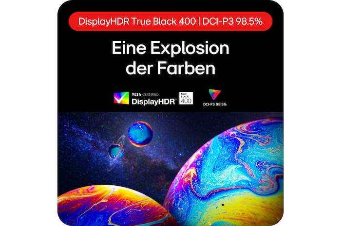 OLED Gaming-Display mit DisplayHDR True Black 400 und 98,5 % DCI-P3 für lebendige, detailreiche Farbwiedergabe.