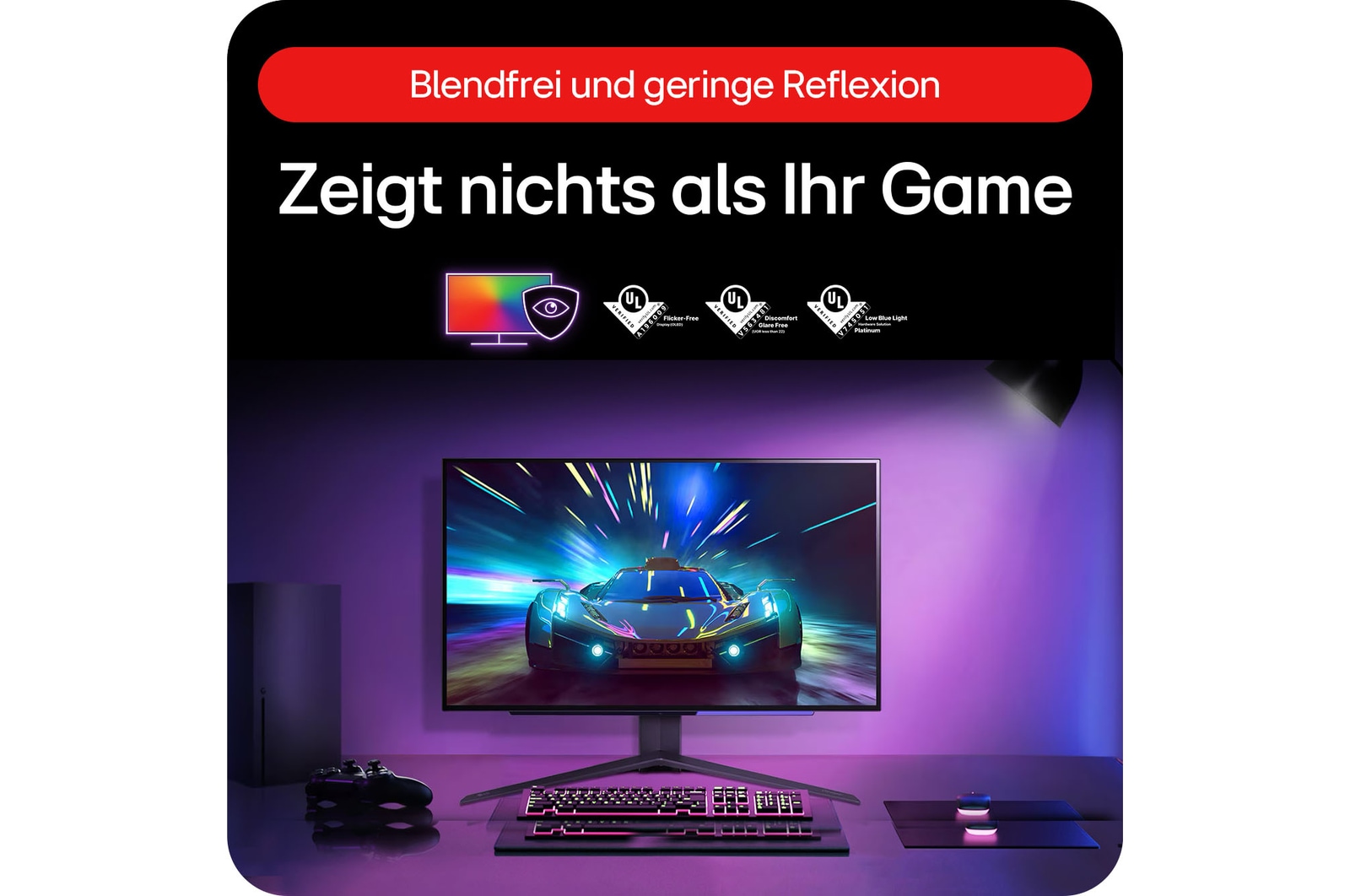 LG UltraGear 27-Zoll OLED Gaming-Monitor mit blendfreier, reflexionsarmer Oberfläche für ungestörten Spielfokus.
