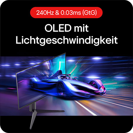 Extrem schnelle 240Hz Bildwiederholrate und 0,03 ms Reaktionszeit auf OLED-Panel für blitzschnelle Gaming-Action.