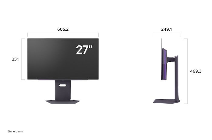 Detaillierte Maßangaben des ergonomischen Standfußes des 27GX790A-B mit Höhen-, Neigungs- und Drehfunktion für flexible Aufstellung.