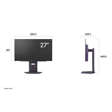 Detaillierte Maßangaben des ergonomischen Standfußes des 27GX790A-B mit Höhen-, Neigungs- und Drehfunktion für flexible Aufstellung.