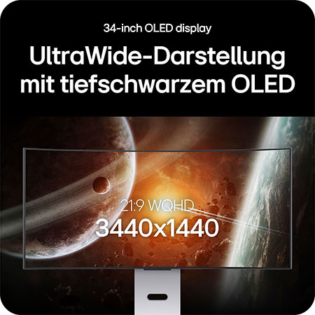 34-Zoll UltraWide OLED Gaming-Monitor mit 3440x1440 Auflösung für tiefe Schwarztöne und ein immersives Seherlebnis.
