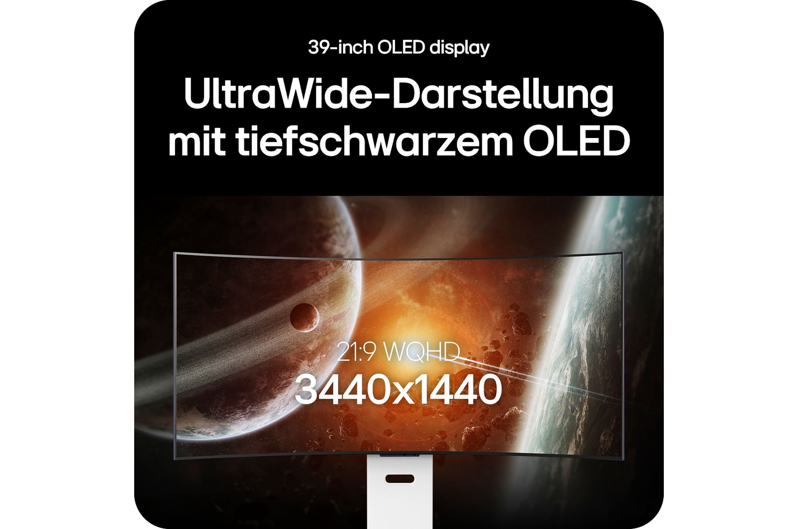 39-Zoll UltraWide OLED Gaming-Monitor mit 3440x1440 Auflösung für tiefe Schwarztöne und ein immersives Seherlebnis.