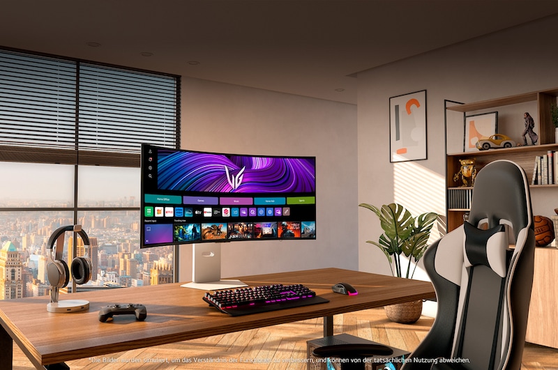 LG UltraGear 39-Zoll OLED Gaming-Monitor auf modernem Schreibtisch mit Gaming-Zubehör und Stadtblick im Hintergrund.