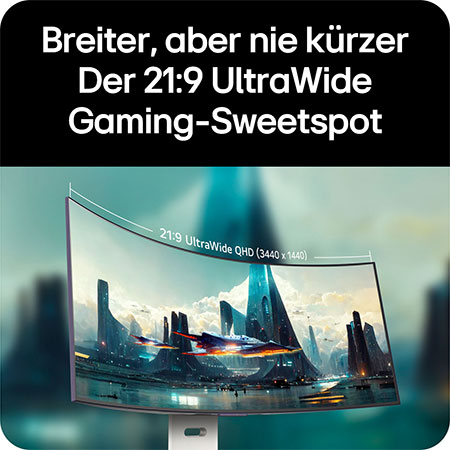Breiter 21:9 UltraWide QHD Bildschirm für ein erweitertes Sichtfeld und optimierte Gaming-Performance.