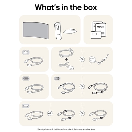 What’s in the box: LG UltraGear 45-Zoll Gaming-Monitor, Standfuß, Basis, Handbücher, Netzadapter und Verbindungskabel.