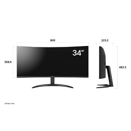 Vorder- und Seitenansicht mit Abmessungen des LG UltraWide 34-Zoll Monitors mit ergonomisch geschwungenem Standfuß.