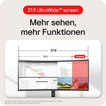 34-Zoll UltraWide 21:9 Bildschirm mit erweitertem Arbeitsbereich im Vergleich zu 16:9 Monitoren.