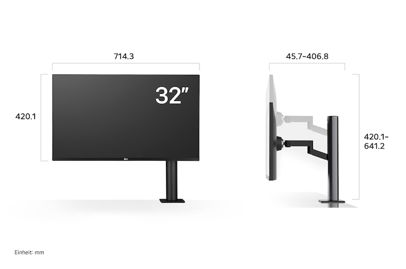 Maßansicht des LG UltraFine 32-Zoll UHD 4K Monitors mit schlanken Rahmen und ergonomischem Standfuß, nahtlos passend in moderne Arbeitsumgebungen und für ein ausgewogenes, produktives Setup gestaltet.