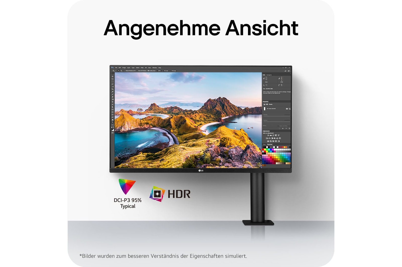 LG UltraFine 32-Zoll 4K Monitor mit lebendigen Farben und HDR-Klarheit dank 95 % DCI-P3 für präzise visuelle Darstellung.