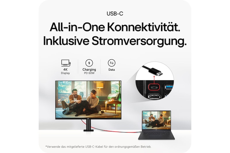 USB-C Anschluss des LG UltraFine 32-Zoll Monitors unterstützt 4K-Display, 60W Stromversorgung und schnellen Datentransfer über ein Kabel.