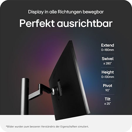 Flexibler Ergo-Standfuß mit Schwenk-, Neige-, Pivot-, Höhen- und Ausziehfunktion für individuelle Ausrichtung des 32-Zoll 4K Monitors.