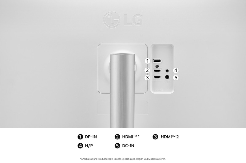 Rückansicht des LG UltraFine 27-Zoll UHD 4K Monitors mit mehreren Anschlüssen für vielseitige Geräteverbindungen.