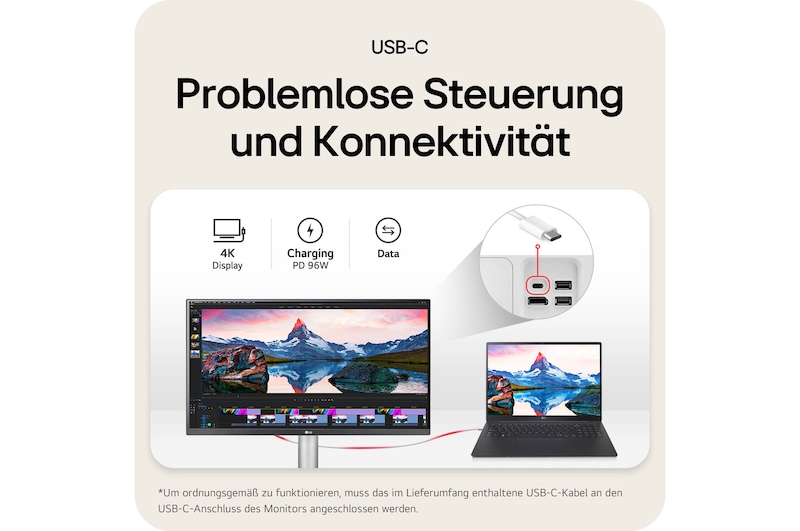 Der LG UltraFine 27UP850K-W 27-Zoll 4K Monitor bietet mit USB-C-Anschluss eine einfache Steuerung und Konnektivität für Bildübertragung, Stromversorgung und Daten.