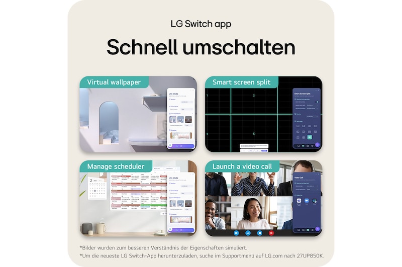 Die LG Switch App steigert die Produktivität am LG UltraFine 27-Zoll UHD 4K Monitor mit Smart Screen Split, Zeitplanverwaltung und schnellem App-Wechsel.