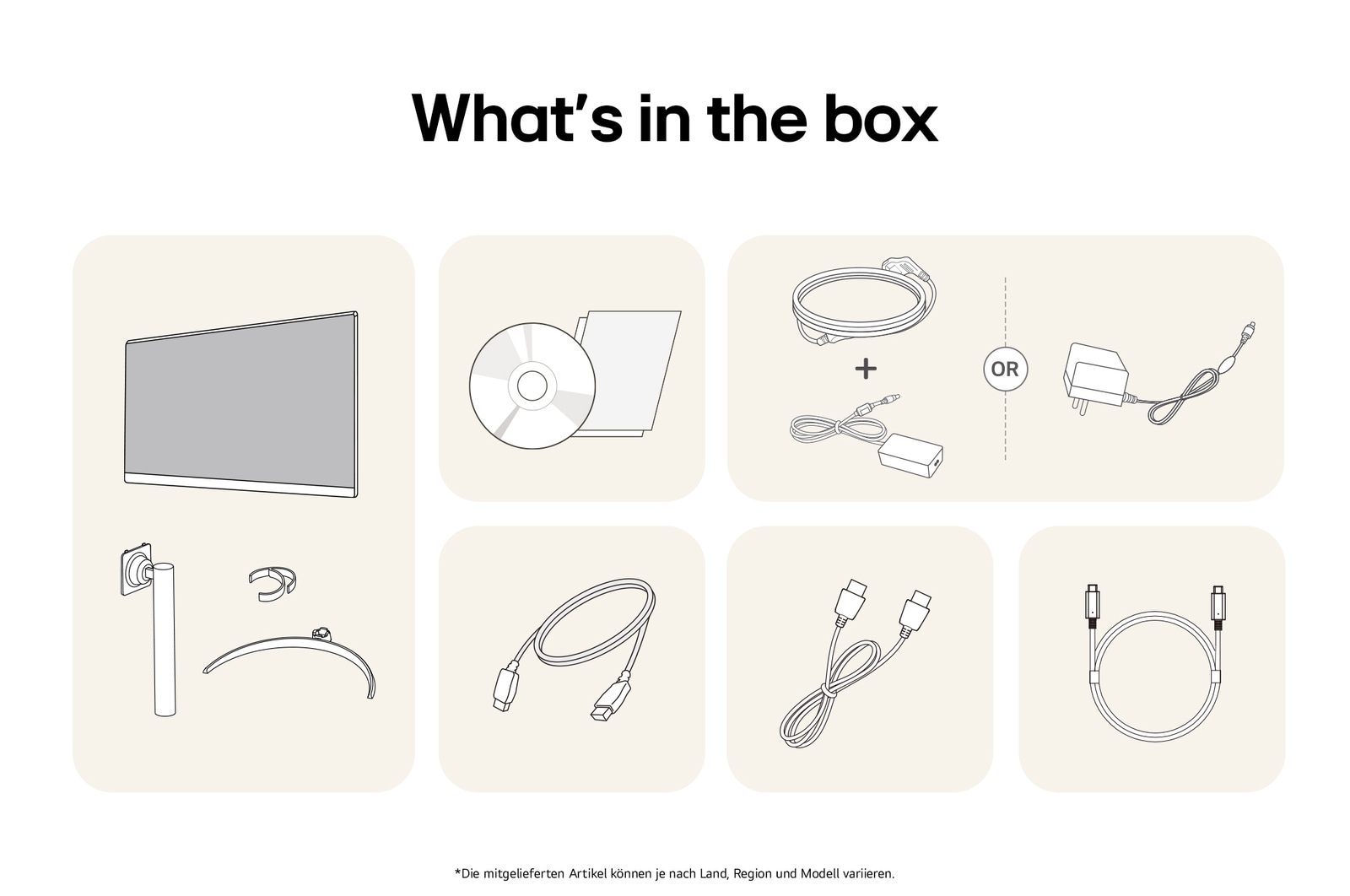 What’s in the box – LG UltraFine 27-Zoll UHD 4K Monitor mit Standfußteilen, Handbüchern, Netzteil und Verbindungskabeln.