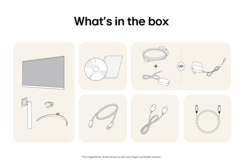 What’s in the box – LG UltraFine 27-Zoll UHD 4K Monitor mit Standfußteilen, Handbüchern, Netzteil und Verbindungskabeln.