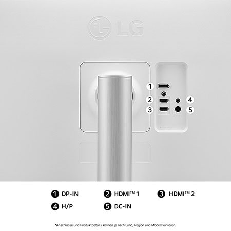 Rückansicht des LG UltraFine 27-Zoll UHD 4K Monitors mit mehreren Anschlüssen für vielseitige Geräteverbindungen.
