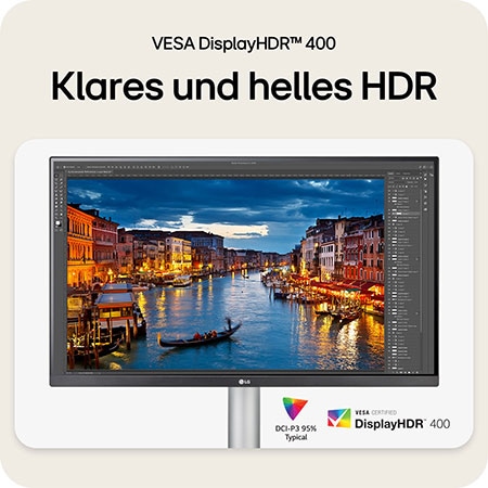 Das UHD 4K IPS Display des LG UltraFine 27-Zoll Monitors liefert gestochen scharfe Details und konsistente Farbgenauigkeit für kreative und professionelle Nutzung.