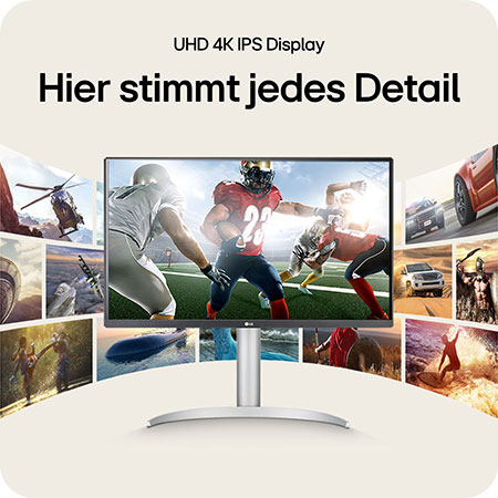 Das UHD 4K IPS Display des LG UltraFine 27-Zoll Monitors liefert gestochen scharfe Details und konsistente Farbgenauigkeit für kreative und professionelle Nutzung.