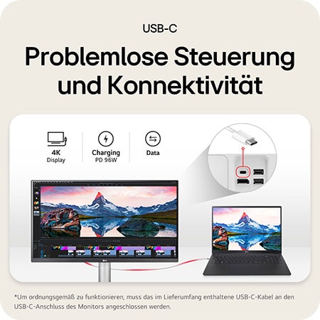 Der LG UltraFine 27UP850K-W 27-Zoll 4K Monitor bietet mit USB-C-Anschluss eine einfache Steuerung und Konnektivität für Bildübertragung, Stromversorgung und Daten.