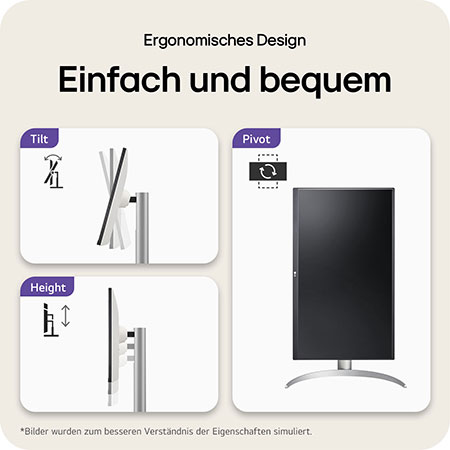 Ergonomisches Design des LG UltraFine 27-Zoll UHD 4K Monitors mit einfacher Neigung, Pivot, Höhenverstellung und One-Click-Standmontage.