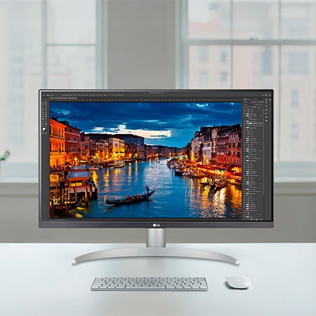 LG UltraFine 27-Zoll UHD 4K Monitor auf modernem Schreibtisch, harmonisch integriert in Home- und Office-Umgebungen.