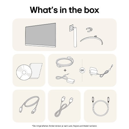 What’s in the box – LG UltraFine 27-Zoll UHD 4K Monitor mit Standfußteilen, Handbüchern, Netzteil und Verbindungskabeln.