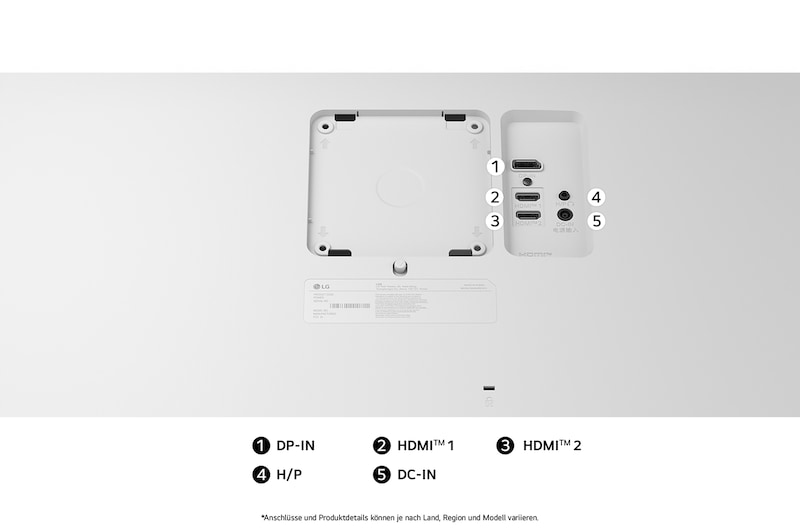 Rückansicht des LG UltraFine 27-Zoll UHD 4K Monitors mit mehreren Anschlüssen für vielseitige Geräteverbindungen.