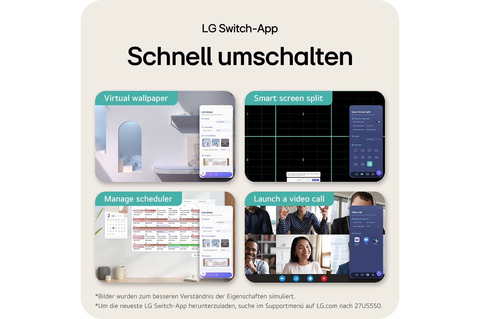 Die LG Switch App steigert die Produktivität am LG UltraFine 27-Zoll UHD 4K Monitor mit Smart Screen Split, Zeitplanverwaltung und schnellem App-Wechsel.