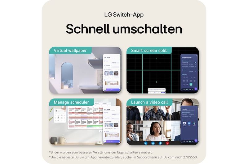 Die LG Switch App steigert die Produktivität am LG UltraFine 27-Zoll UHD 4K Monitor mit Smart Screen Split, Zeitplanverwaltung und schnellem App-Wechsel.