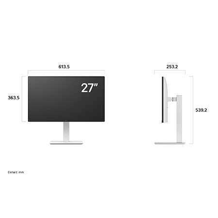 Vorder- und Seitenansicht mit Abmessungen des LG UltraFine 27-Zoll UHD 4K Monitors mit ergonomischem Standfuß.