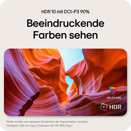 Erlebe realistische Bilder auf dem LG UltraFine 27US550-W mit HDR10 und 90 % DCI-P3 Farbraum, die lebendige und naturgetreue Darstellungen für Arbeit und Unterhaltung bieten.