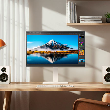 Stylischer Arbeitsplatz mit dem LG UltraFine 27US550-W 27-Zoll 4K Monitor, der lebendige Klarheit und nahtlose Integration ins Büro zeigt, entwickelt für Produktivität und Kreativität.
