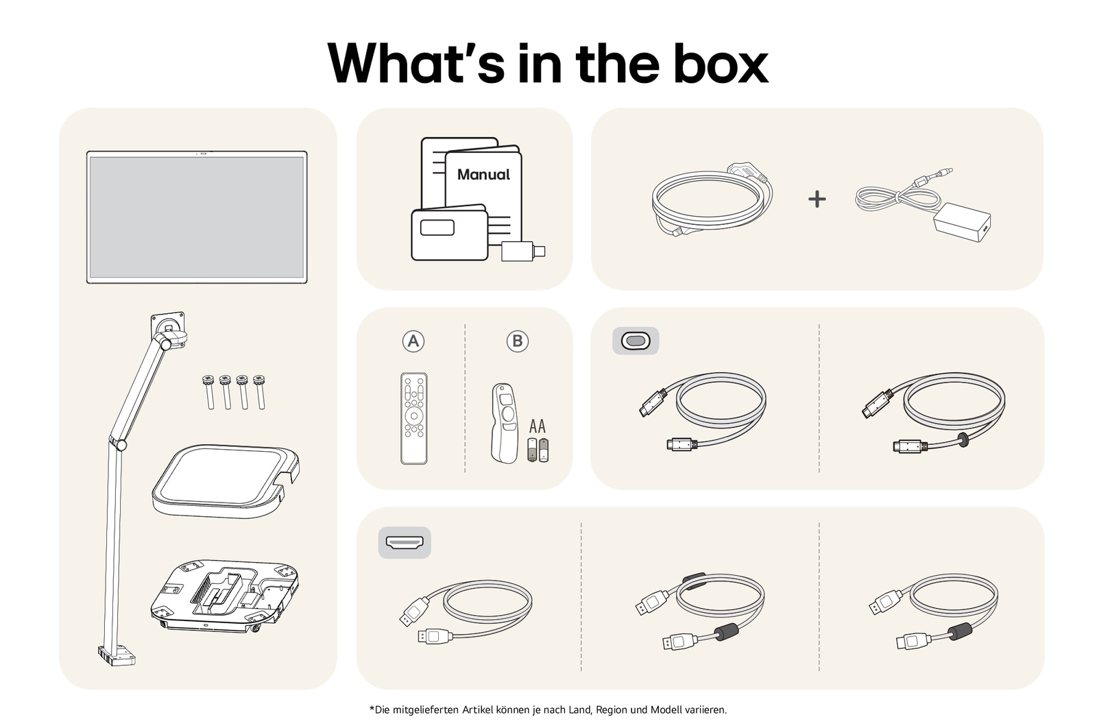 Lieferumfang des LG UltraFine 32U889SA-W Monitors mit Standfuß, Netzteil, Kabeln, Fernbedienung und Benutzerhandbuch für eine sofortige Inbetriebnahme.